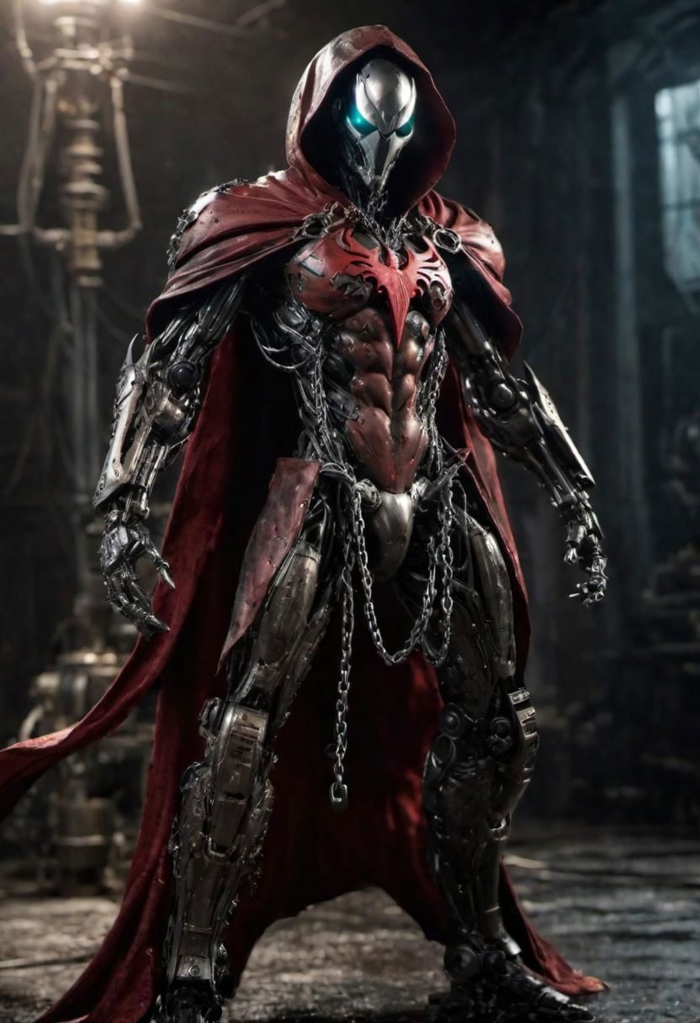 a photograph of spawn, balanced composition, made of black goo, (weathered patina:1.2), black costume, animated red cape made of liquid, "M" on chest, chains, moody lighting, cinematic, complex robot, biomechanical, hyper detailed <lora:compb0t:0.5> <lora:Spawn:0.8> comprobo