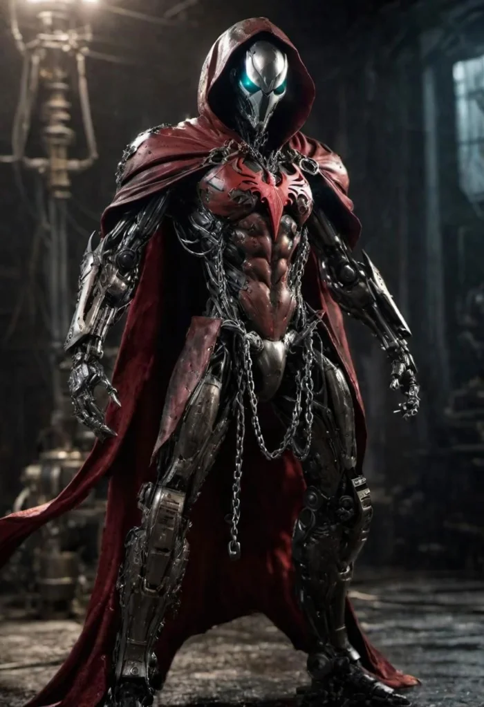 a photograph of spawn, balanced composition, made of black goo, (weathered patina:1.2), black costume, animated red cape made of liquid, "M" on chest, chains, moody lighting, cinematic, complex robot, biomechanical, hyper detailed <lora:compb0t:0.5> <lora:Spawn:0.8> comprobo