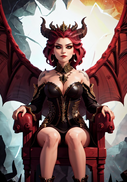 <lora:lilith:0.8>, lilith, 1girl, upper body, evil smirk, sitting throne, (acclaimed, alluring, captivating, exciting, gorgeous, striking:1.3), (highly detailed, high quality:1.3)