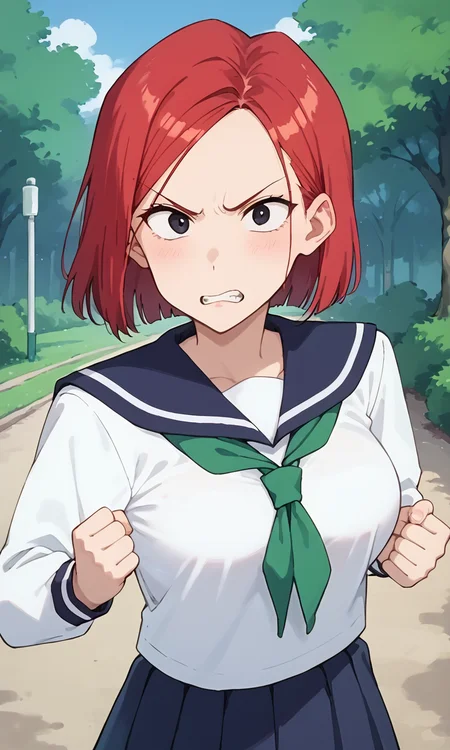 (1girl:1.5), (solo:1.3), (score_9, score_8_up, score_7_up, score_6_up, score_5_up, score_4_up), (source_anime), rating_questionable, looking at viewer, (portrait:1.3), outdoors, park, tree, bush, blue sky,
<lora:black-lizard_v1:0.8> (black-lizard), (angry, furrowed brow, black eyes, red hair, short hair, parted bangs), (school uniform, serafuku, white shirt, long sleeves, blue sailor collar, blue long skirt, green neckerchief), (large breasts),
standing, clenched hands, clenched teeth,