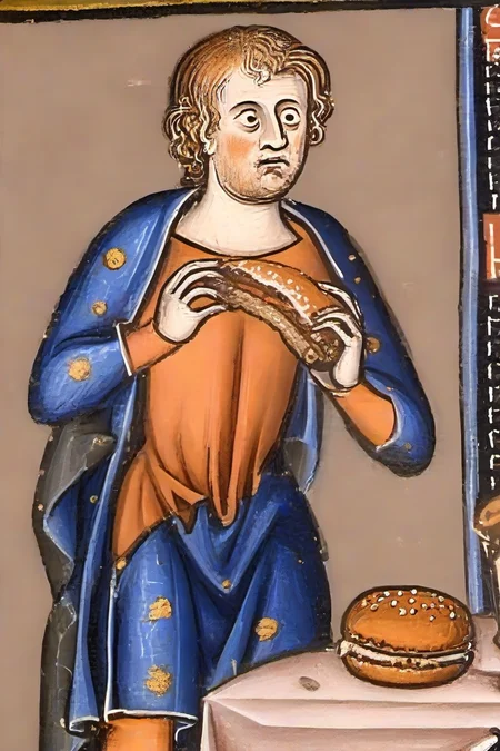 <lora:PE_BadMedivalArt:0.8> PEBadMedivalArt,bad medieval painting,terrible,ugly,
person eating a hamburger