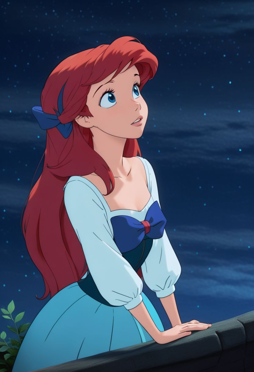 Anime,  redhead Ariel, original style, (blue bow in hair), night time, looking up, looking the stars, dreamy, thoughtful