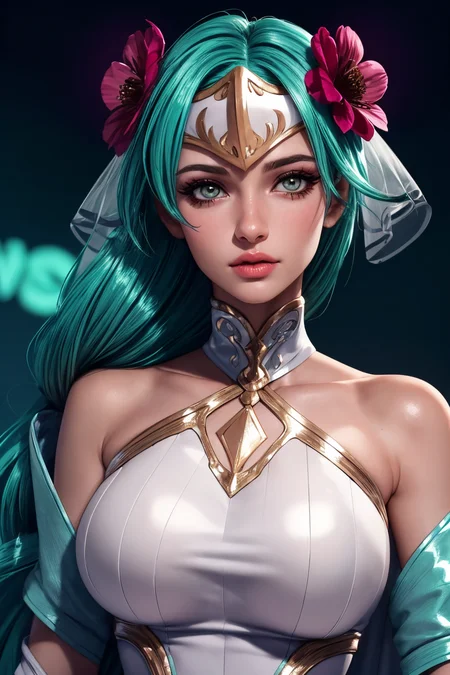 (ultra realistic,32k,RAW photo:1.1),(high detailed skin:1.1), 8k uhd, dslr, high quality, film grain, (makeup, mascara:1.1), lips,(thick\lips\),
(shiny glossy translucent clothing:1.1), <lora:sigrunV1:0.7>wed_sigrun, wed_sigrun, flower, veil, bride, white dress,hair flower, bridal veil, bare shoulders, strapless, detached collar, feather trim, <lora:add_detail:0.79>,
Posing as if whispering a secret,
(busty:1.1) , (chubby:0.1),(soft shaded neon light:1.2),<lora:LowRA:0.4>, dark theme, sunrise, vibrant colors, horizon glow, tranquil