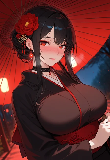 masterpiece, best quality, amazing quality,
1girl, solo, long hair, looking at viewer, black hair, hair ornament, red eyes, holding, closed mouth, jewelry, upper body, flower, sidelocks, outdoors, earrings, japanese clothes, choker, day, hair flower, kimono, character focus, tree, sash, makeup, umbrella, red flower, nature, holding umbrella, black kimono, oil-paper umbrella, red umbrella, red theme, glowing
,dutch angle, dark background, (night:0.8), blurry background, glowing light particles, depth of field
,nose blush, sweat, steaming body, lips, large breasts, mature female, <lora:AGM_style_IL_v0.1:1.0>