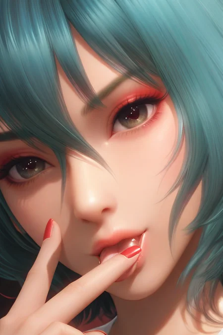score_9,score_8,score_7_up,soft lighting,gentle shadows,fingers,finger to mouth,licking finger,
tamaki \(doa\),1girl,solo,medium hair, hair between eyes, asymmetrical bangs, ahoge,makeup,red eyeliner,black eye shadow,deep eye bag,detailed eyes, detailed colored_eyelashes, hair out of frame,
very close-up,Close-up details, outstanding style,
<lora:doa_tamaki_pdxl_v10:0.9>