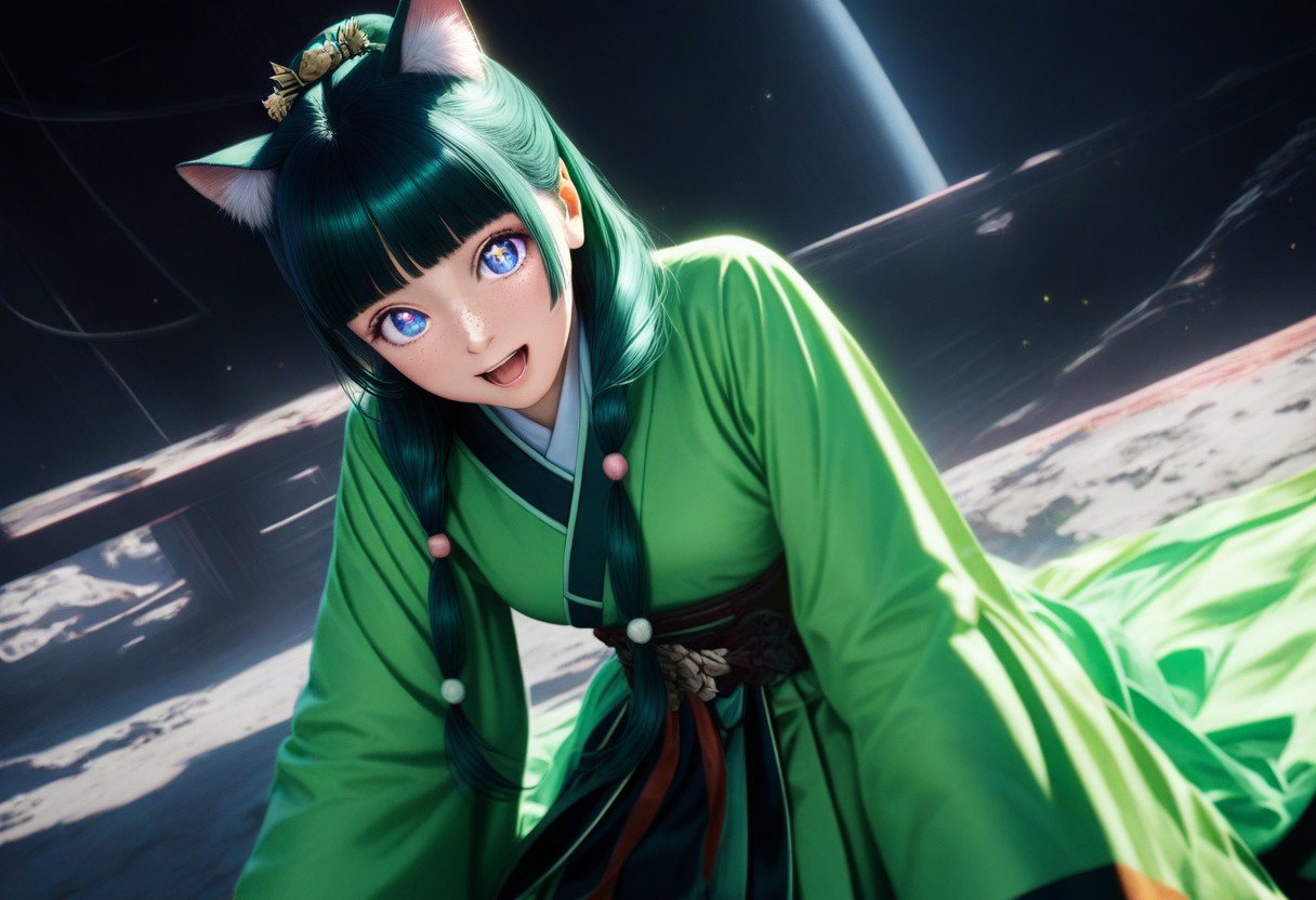 masterpiece, best quality, 8k, amazing quality, photorealistic, scinematic, Volumetric lighting, depth of field, wide angle, cinematic, realistic. 1girl, solo, <lora:Mao Mao:1> ma0ma0_default, green hair, long hair, blunt bangs, hair ornament, twintails, blue eyes, starry eyes, freckles, hair over shoulders, multi-tied hair, half updo, chinese clothes,green hanfu, wide sleeves, long sleeves, looking at viewer, cat ears, animal ear fluff, excited
