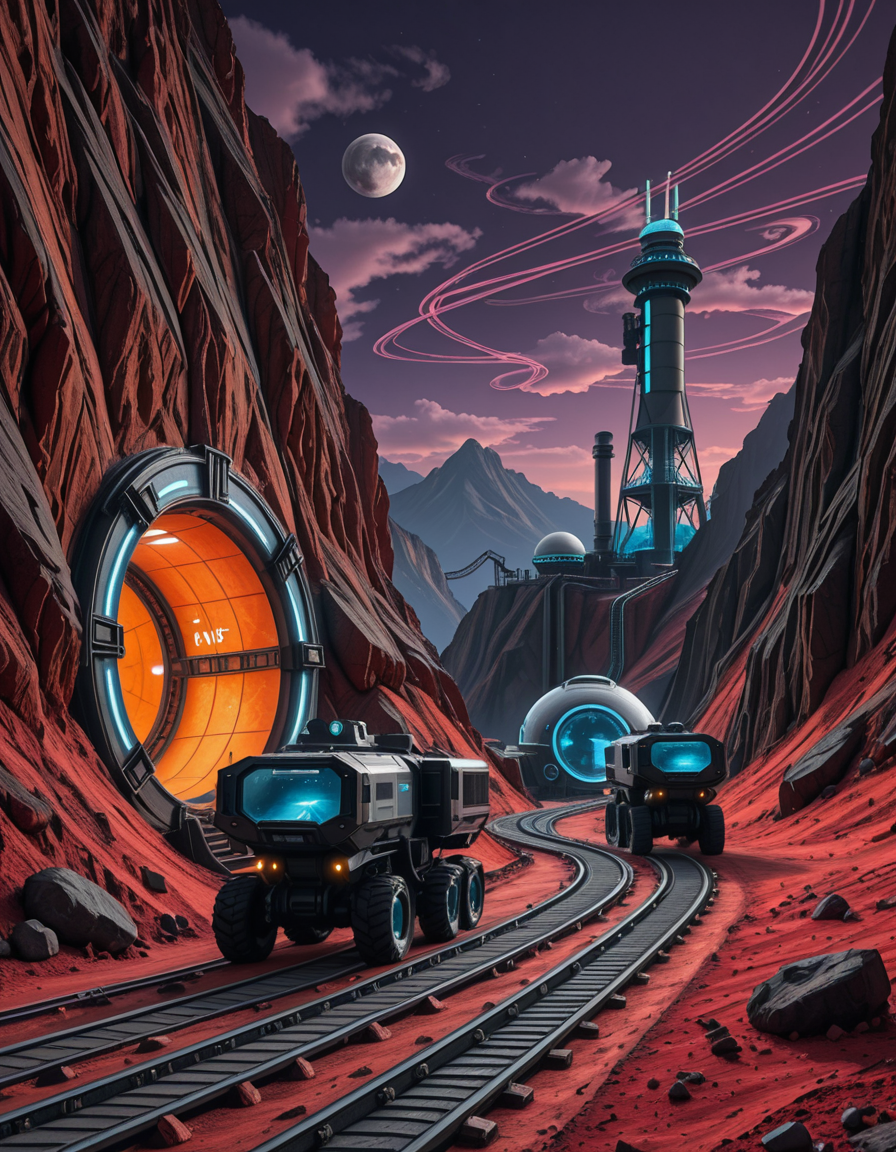 A futuristic mining outpost on a distant, rocky planet with a harsh, alien landscape. The mine entrance is a massive, reinforced metal tunnel carved into the side of a jagged, dark-red mountain. Advanced, glowing blue energy lights line the entrance, illuminating the metallic tracks that lead deep underground. Large, heavily-armored mining vehicles with mechanical arms and drills are stationed nearby, extracting rare minerals from the rock. The ground is covered in fine, reddish dust, kicked up by the movement of autonomous robotic drones that transport ore to a towering industrial refinery in the background. The sky is a deep, dark purple with swirling clouds and two distant moons casting a cold, eerie glow. In the distance, futuristic habitation domes with transparent walls house workers in protective exosuits, their silhouettes visible inside. A neon-lit control tower monitors operations, its holographic screens displaying real-time data. The atmosphere is both desolate and technologically advanced, evoking a sense of exploration and survival on the edge of the galaxy.
<lora:SDXLFaeTastic2400:0.4> <lora:extremely_detailed:0.4> extremely detailed,futuristic mining 0utp0st, <lora:futuristic_mining_0utp0st-i:1>, Masterpiece,best quality,hi res,8k,hi res,8k,award winning,(sharp focus, intricate, highly detailed),
