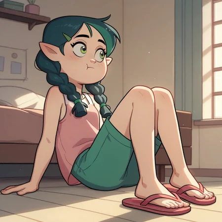 score_9, score_8_up, score_7_up, solo, 1girl,
fair skin, pointed ears, olive-green eyes, navy-blue hair with a few, loose strands, pale green streaks, twin pigtails, twin braids that go past her shoulders, indoors, livingroom,
pink sleeveless top with white shoulder straps, green shorts, blue flip-flops, and a pink butterfly hair clip