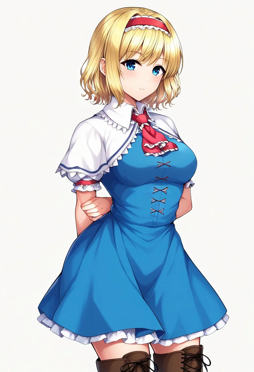 Score_9, score_8_up, score_7_up, score_6_up, score_5_up,  source_anime, 1girl, solo, female focus, looking at viewer, upper body, (cowboy shot, white backdrop),  arm behind back, BREAK,  <lora:Inoue_Nanaki_Style:1>, BREAK, alice margatroid, medium hair, blonde hair, blue eyes, ,red hairband, frilled hairband, white capelet, blue dress, frilled dress, frilled ascot, red ascot, puffy short sleeves, brown footwear, cross-laced footwear, boots,