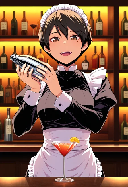 masterpiece, best quality, amazing quality, 1girl, solo, fumikoww, tomboy, brown eyes, black hair, short hair, mole under eye, medium breasts, maid, maid headdress, puffy sleeves, juliet sleeves, maid apron, <lora:Fujishiro_Fumiko_Killer_Queen_ill:0.9>, cocktail glass, cocktail shaker, hands up, holding, smile, teeth, upper teeth only, open mouth, :d, looking at viewer, upper body, pov looking at bartender, indoors, bar \(place\), bartender, bottle, cup, drinking glass, shelf, counter, skindentation, detailed clothing folds, depth of field, sharp, high contrast, dynamic light