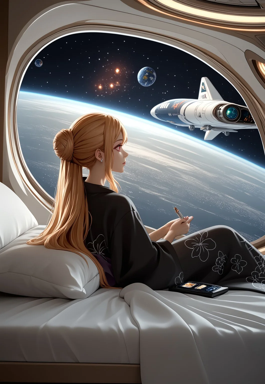 score_9, score_8_up, score_7_up, 8k uhd, masterpiece, best quality, high quality, ultra-detailed, (highly detailed), OverallDetail, Expressiveh, (())
,
((( 1girl, solo )))
,
((( Best view )))
,
((( Spacehotelmb, space, planet, spacecraft, science fiction )))
,
((( marin kitagawa, long hair, bangs, blonde hair, red eyes, multicolored hair, japanese clothes, kimono, bag, sash, obi, floral print, yukata, black kimono, hair bun, single hair bun )))
,
((( Girl lying on the bed )))
,
((( Bed, bedroom, pillow )))