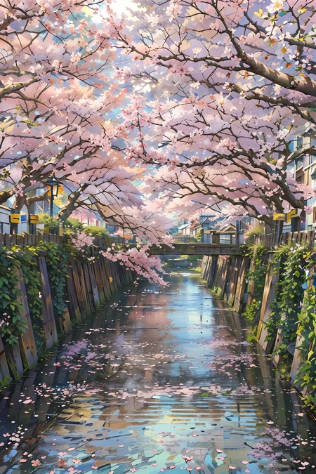(masterpiece:1.3),(best quality:1.3),highres,vivid colors,ultra-detailed,masterpiece,extremely detailed CG unity 8k wallpaper,scenery,<lora:Detailed_Places_R-128_v1:0.7>,scenery,no humans,tree,cherry blossoms,outdoors,fence,real world location,building,sign,plant,road,day,sky,river,