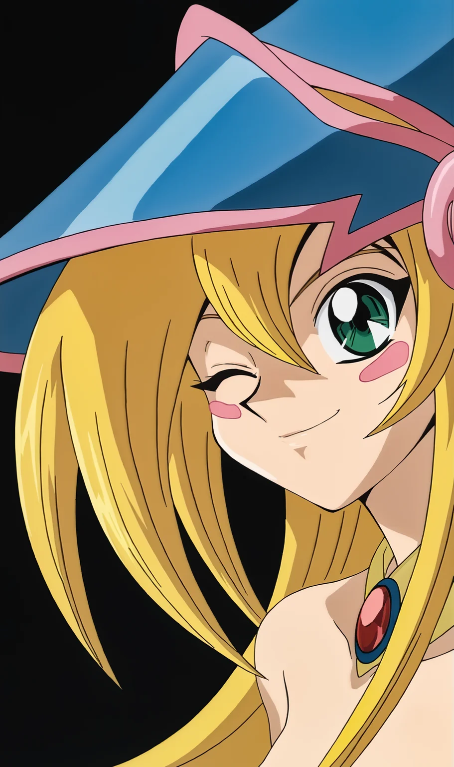 DMG, 1girl, solo, retro artstyle, blonde, long hair, green eyes, blush stickers, blue magician hat, bare shoulders, jewel choker, smile, looking at viewer, portrait, wink, from side, close-up, blank background, <lora:Dark Magician Girl Pony XL:1>