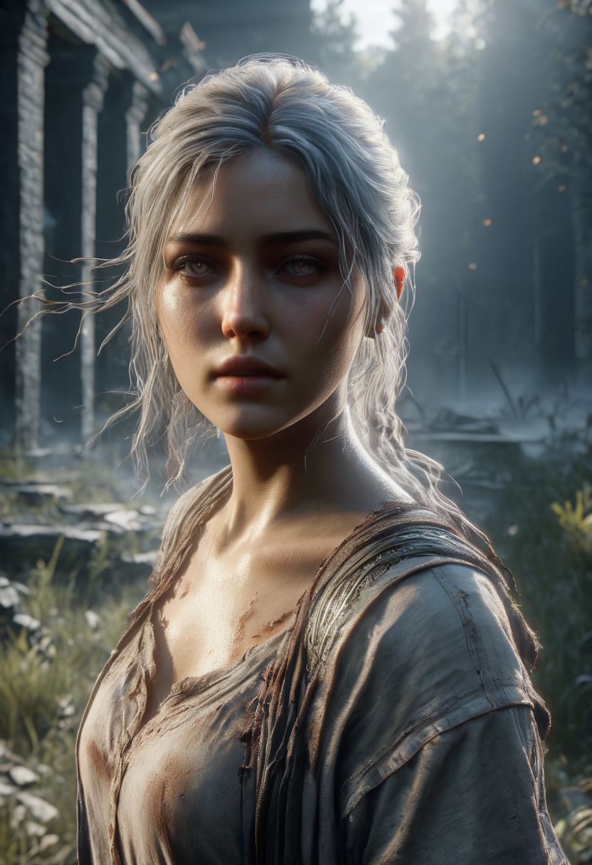 Graphics Unreal Engine 5, 3D Modeling,fullbody a Character woman,showhot,scene walking dead, platinum, ultra hdr, ghostly beauty, windy, raw photo, reflection, lighting, intricately detailed, digital art, high detail, 4k resolution, thin clothes with a dramatic camera angle, dynamic motion blur, lens flares,