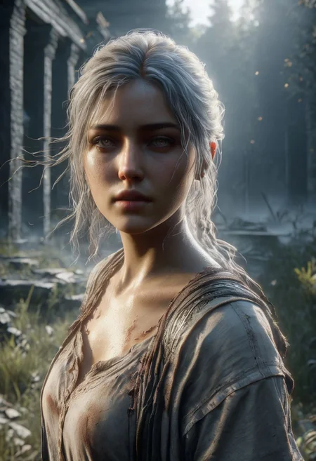 Graphics Unreal Engine 5, 3D Modeling,fullbody a Character woman,showhot,scene walking dead, platinum, ultra hdr, ghostly beauty, windy, raw photo, reflection, lighting, intricately detailed, digital art, high detail, 4k resolution, thin clothes with a dramatic camera angle, dynamic motion blur, lens flares,