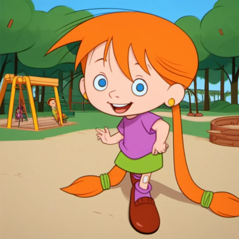 score_9, score_8_up, score_7_up, 1girl, solo, jacbw1, blue eyes, orange hair, very long twintails, looking at viewer, jewelry, earrings, smile, open mouth, purple shirt, green skirt, bandaid on knee, purple socks, brown footwear, child, playground, lens_flare, Volumetric Lighting, <lora:jacbw1-000010:1>,