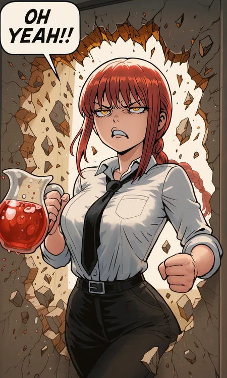 embedding:IllusP0s, f3rn4nd0, OH YEAH!, breaking through wall, holding pitcher, speech bubble, debris, makima, annoyed, white shirt, black tie, 1girl, solo,<lora:Style_soph-Fernando-ILXL.safetensors:1.0:1.0> <lora:OH YEAH_Illustrious.safetensors:1.0:1.0>