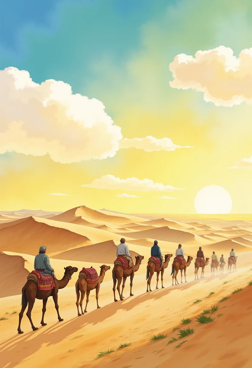 An anime depiction of a desert caravan, travelers with camels, oasis in the distance, golden sands and mirages, watercolor anime style