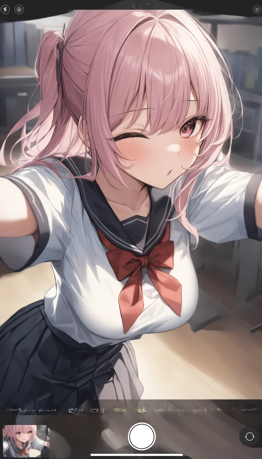 1girl, <lora:sdxl2-flat2-512b:-1>,medium breasts, school uniform,medium breasts,
<lora:selfieXLv2:0.9>,selfie, user interface, fake screenshot, viewfinder, phone screen, taking picture,
best quality,medium quality,