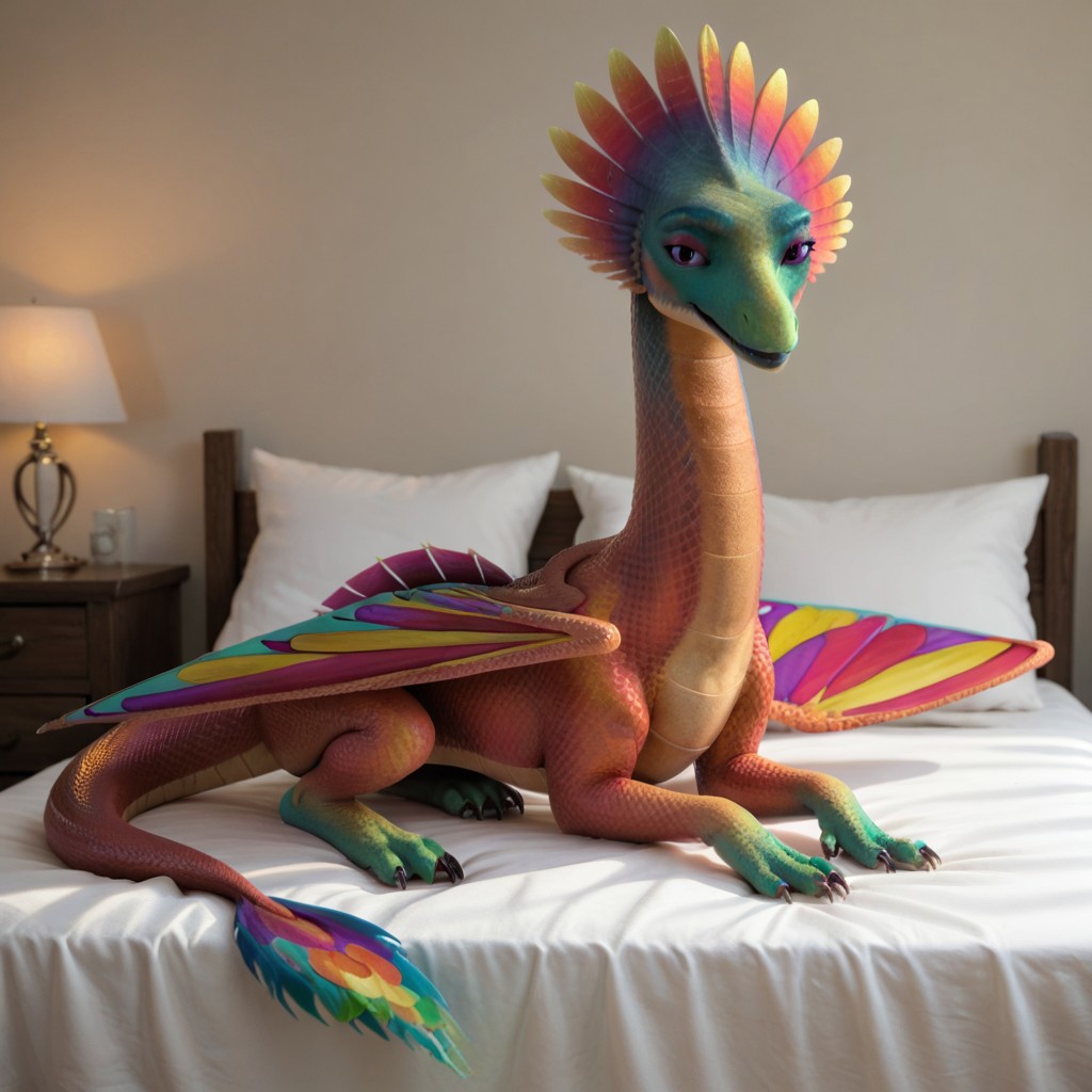 score_9, score_8_up, score_7_up, score_6_up, score_5_up, score_4_up, masterpiece, high quality, realistic, detailed, best quality, natural lighting, bright room, white bed, solo, rating_safe, source_furry, bedroom, smiling, seductive, looking at viewer, on bed, full body, melodia_rr, dragon, scales, rainbow wings, tail, claws, purple eyes, 1girl, female, feral, lying on belly