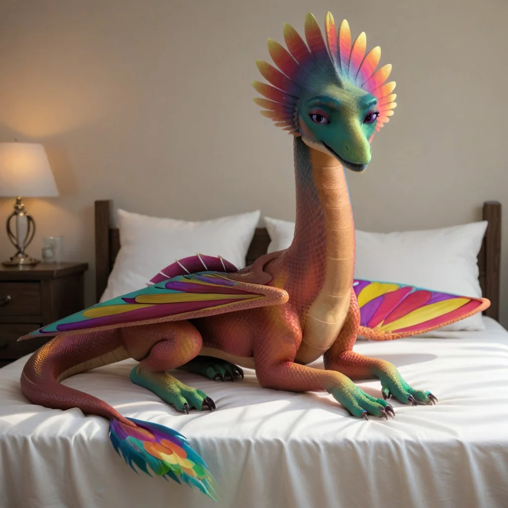 score_9, score_8_up, score_7_up, score_6_up, score_5_up, score_4_up, masterpiece, high quality, realistic, detailed, best quality, natural lighting, bright room, white bed, solo, rating_safe, source_furry, bedroom, smiling, seductive, looking at viewer, on bed, full body, melodia_rr, dragon, scales, rainbow wings, tail, claws, purple eyes, 1girl, female, feral, lying on belly