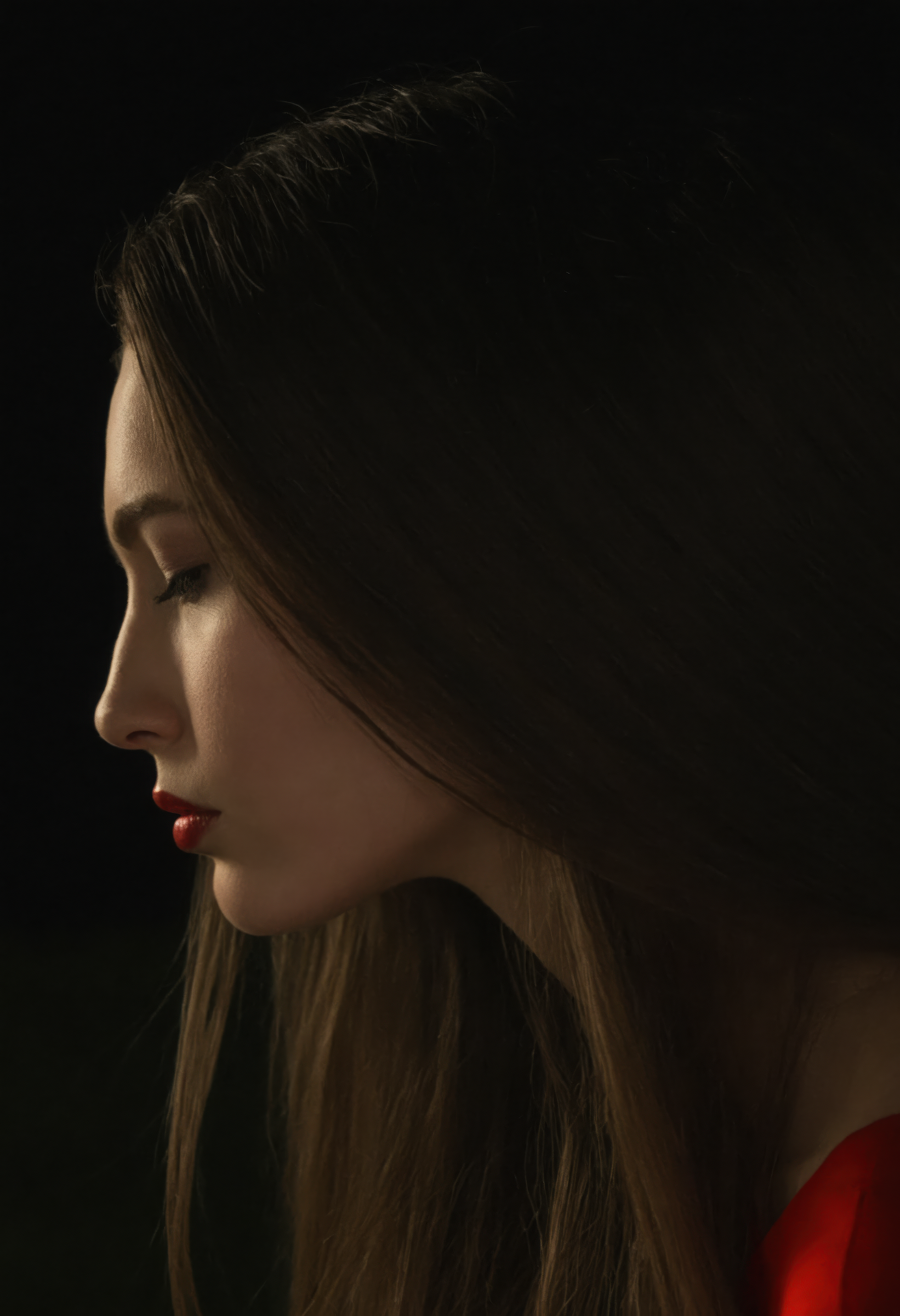 nighttime, 1girl, profile, solo, lips, long hair, from side, red theme, <lora:sdxl_nighttime:1>