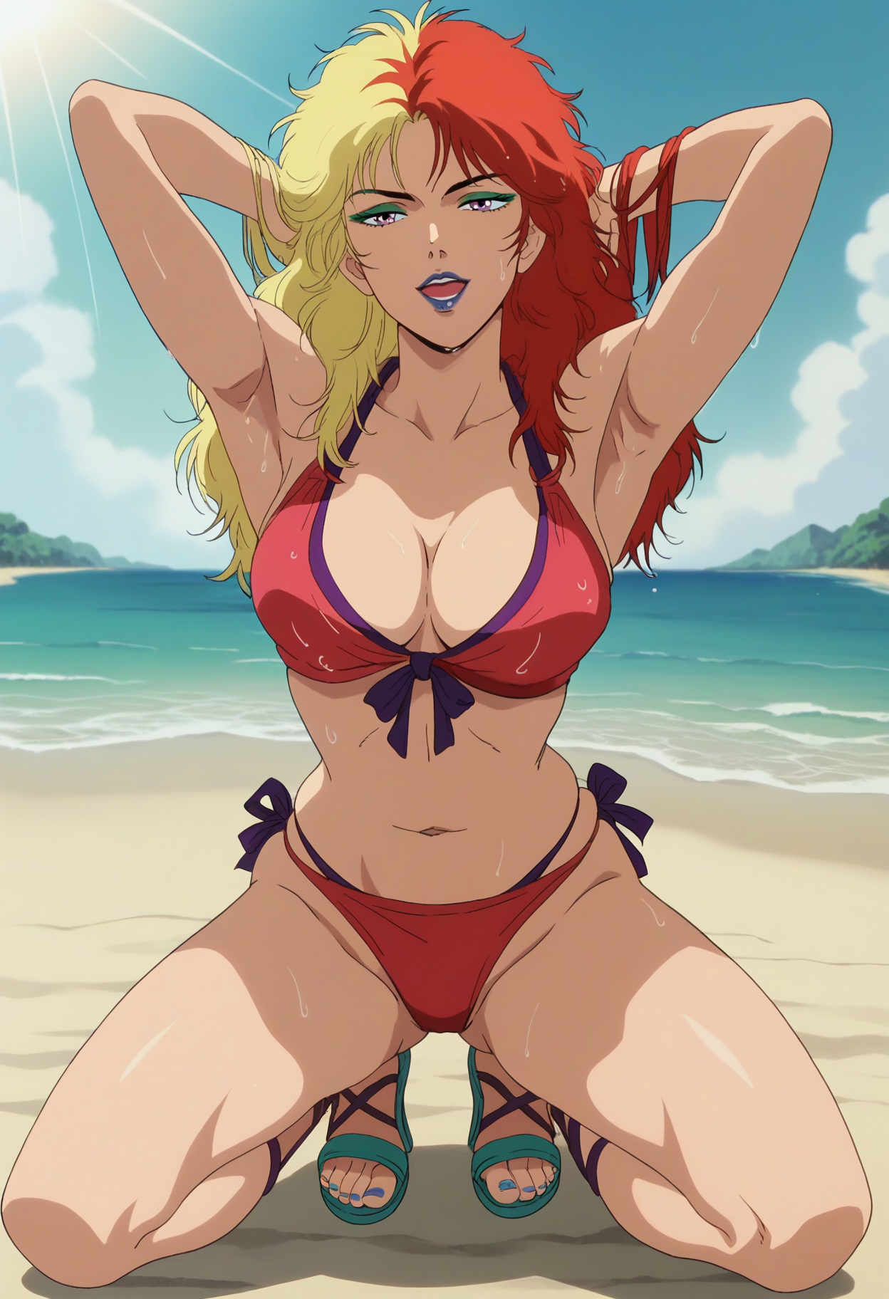 score_9, score_8_up, score_7_up, score_6_up, anime screencap, anime coloring, <lora:CharaSoon_epoch_8:0.8>, CharaSoonS1, red hair, blonde hair, long hair, multicolored hair, lipstick, blue lips, purple eyes, green eyeshadow,
pink bikini, looking at viewer, kneeling, seductive smile, open mouth, armpits, arms behind head, sweat, wet, skindentation, sandals, 
BREAK, beach, sunlight, sunbeam, blue sky,