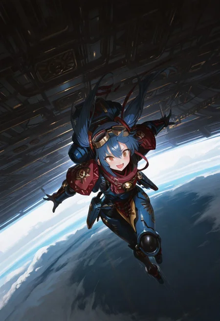 masterpiece, best quality, good quality, newest, highres, absurdres, volumetric lighting,gradient color,
BREAK
raytracing, volumetric lighting, ambient occlusion, girl, background, masterpiece, best quality, very awa, absurdres,
BREAK
UltraM40k, solo, 1girl, power armor, blue hair, happy, model style,
BREAK
masterpiece,amazing quality,best quality,ultra-detailed,8K,illustration,CG,shiny hair,clear skin,ultra-detailed-eyes, background,cute girl,
BREAK,
flying, hovering, air, goggles on head, jetpack, dynamic angle, in space
<lora:DetailedEyes_V3:1> <lora:USNR STYLE_XL_loha:0.45> <lora:GBF_Illustrious:0.4> <lora:NOOB_vp1_detailer_by_volnovik_v1:0.3> <lora:MGE_V5.2_IL:0.6> <lora:ponyv6_noobE11_2_adamW:0.5> <lora:noobai_vpred_1_masterpieces_v1:1> <lora:748cmXLillokrV5311P:0.6> <lora:ILLUltraM40k:1>