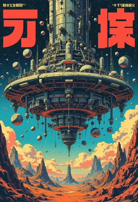 Japanese Manga style Poster with bold large fonts and graphics, Retro- futuristic illustration, bold lines and rich hues, featuring a massive, floating space station with grid patterns, encircled by numerous smaller satellites, set against a star-filled sky with contrasting blue and orange tones, giving a sense of depth and otherworldliness, Graphic with intricate textures and vibrant colors. The scene should include a rich variety of elements, each contributing to the overall atmosphere. Lighting should be soft, diffused, and natural, enhancing the depth and realism of the scene. The mood is to be calm yet vibrant, creating a sense of serenity and wonder. Every detail in the scene should be meticulously rendered, emphasizing the contrast between light and shadow, and capturing the fine textures and subtle gradients. The color palette should be carefully chosen to evoke emotion, with each hue enhancing the aesthetic appeal of the overall composition. The final image should be immersive and captivating, drawing the viewer into its intricately detailed world.