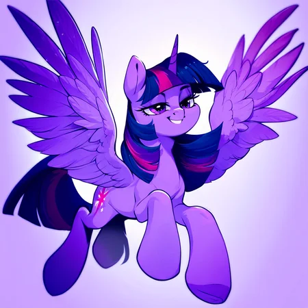 score_9, score_8_up, score_7_up, score_6_up, source_pony, high quality, absurd resolution, Nekoshiei, color, female, mare, twilight sparkle, alicorn, smile, bedroom eyes, full body
