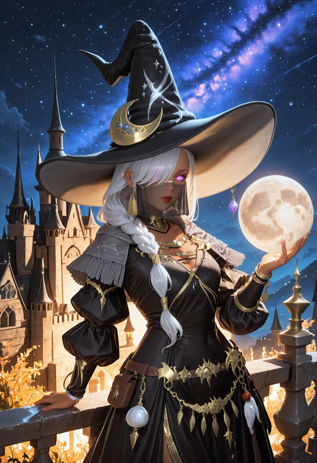 masterpiece, very awa, best quality, amazing quality, very aesthetic, absurdres, newest, intricate details, <lora:cfg_scale_boost:.7>, scenery, castle, starry sky, night, standing, cowboy shot, balcony, <lora:Welkin_Attire:1> welkin, jewelry, standing, puffy sleeves, welkin robe, welkin hat, capelet, crescent, mouth veil, belt pouch, dark-skinned female, white hair, single braid, hair over one eye, hair over shoulder, long hair, red lips, purple eyes, glowing eyes, no pupils, holding moon,