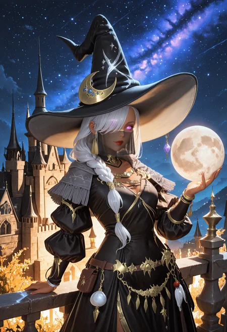 masterpiece, very awa, best quality, amazing quality, very aesthetic, absurdres, newest, intricate details, <lora:cfg_scale_boost:.7>, scenery,  castle, starry sky, night, standing, cowboy shot, balcony,  <lora:Welkin_Attire:1> welkin, jewelry, standing, puffy sleeves, welkin robe, welkin hat, capelet, crescent, mouth veil, belt pouch, dark-skinned female, white hair, single braid, hair over one eye, hair over shoulder, long hair, red lips, purple eyes, glowing eyes, no pupils,  holding moon,