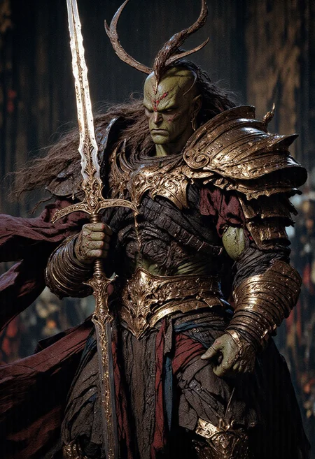 ck-0rcs, mythp0rt, UHD 32k epic fantasy movie still, closeup portrait, photograph,  this is an image of a orc, Beautiful green-skinned muscular female orc wearing armor and holding a sword by the hilt, epic fantasy battle background, cinematic realism, high action pose, perfect pupils, insanely detailed faces, correct digits, realistic skin, intricately detailed, dimly lit,  perfect eyes, perfect pupils, expressive eyes, texture