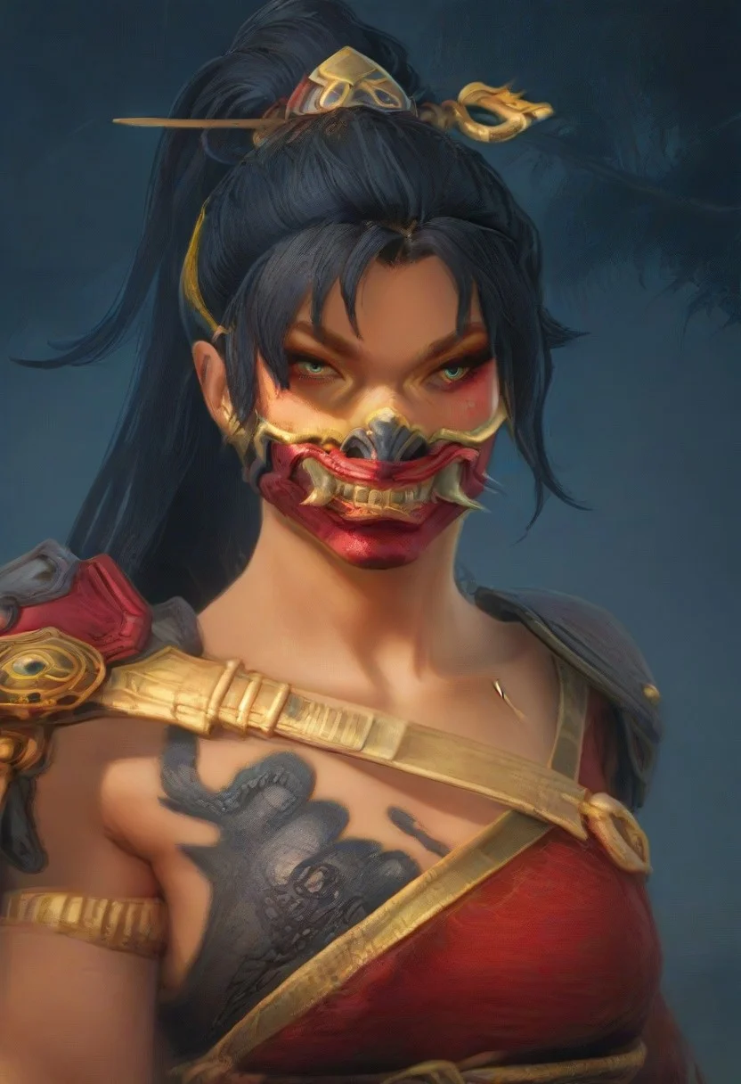 (score_9, score_8_up, score_7_up), score_6_up, best quality, masterpiece, extreme detail, perfect lighting, 4k, 2d, rating_explicit, nsfw, very detailed, best quality, highly detailed texture, depth of field, masterpiece, BREAK, 1girl, ChelXLP, chel, majestic,beautiful bright pupils, black hair, ((ponytail)),green earrings, cute face, (gorgeous face:1.3), (skin detail:1.3), (shadows:1.3), (sweat, steamy, oily, shiny:1.3), ((( long hair, large breasts,perfect body, thick thighs,
mask, armor, solo, gloves, shoulder armor, weapon, hair stick, fingerless gloves, hair ornament, long hair,ponytail, the skull merchant,
fantasy, solo focus,epic, concept art, realistic, highly detailed, upper body, looking at viewer ))),dark skin, looking at the viewer, detailed, intricate details, realistic,((( top view))), tan skin,cowboy shot,csr style,g4n1m3,Sculpted grace