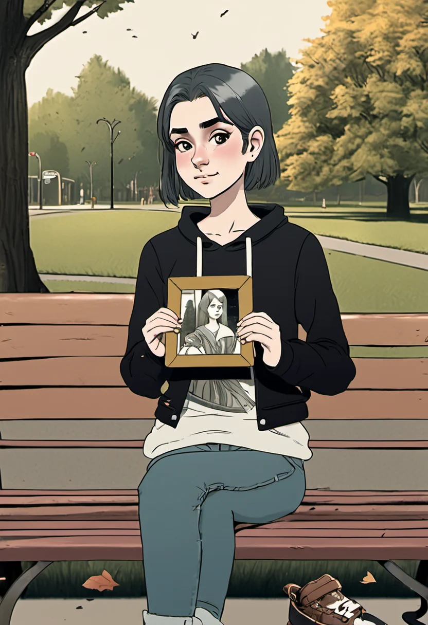 <lora:InfiniteTina:.5>A 18-year-old InfiniteTina holding a broken picture frame staring at it longingly on a park bench.
