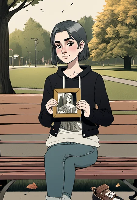 <lora:InfiniteTina:.5>A 18-year-old InfiniteTina holding a broken picture frame staring at it longingly on a park bench.