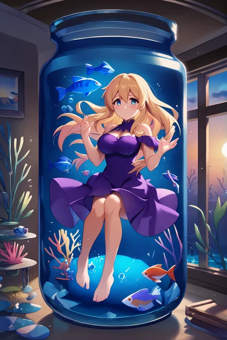score_9,
<lora:in_jar_v1_unpruned:1>, in jar, lid,
1girl, water, fish, coral, seaweed, long hair, blonde hair, blue eyes, floating, sand,
large breasts, purple dress,
indoors, window, sunset,
miyase mahiro,
high resolution, Masterpiece, detailed
