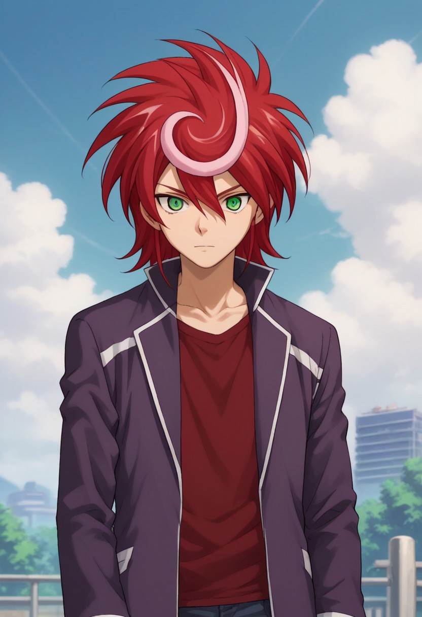 score_9, score_8_up, score_7_up, source_anime, highly detailed, 
shindou, 1boy, male focus, solo, school uniform, green eyes, red hair, multicolored hair,
dyed bangs, two-tone hair, upper body, jacket, open jacket, shirt, red shirt,
pants, 
outdoor, sky,
