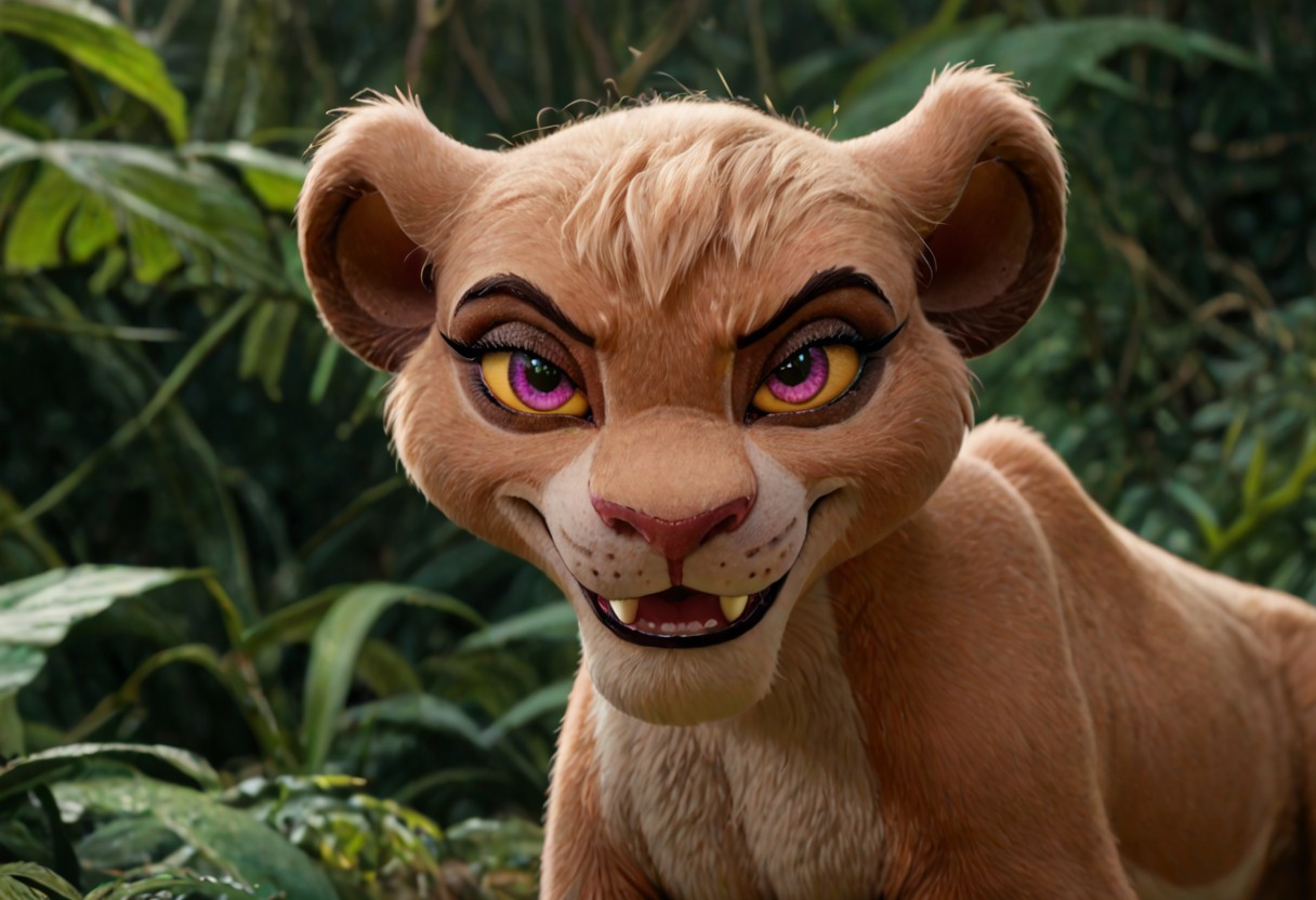 score_9, score_8_up, realistic, toony, disney, solo, 1girl, Vitani, textured fur, feral, hair over one eye, young, lioness cub, furry female, feral, eyeliner, yellow sclera, purple yes, fangs, evil smile, smug, jungle