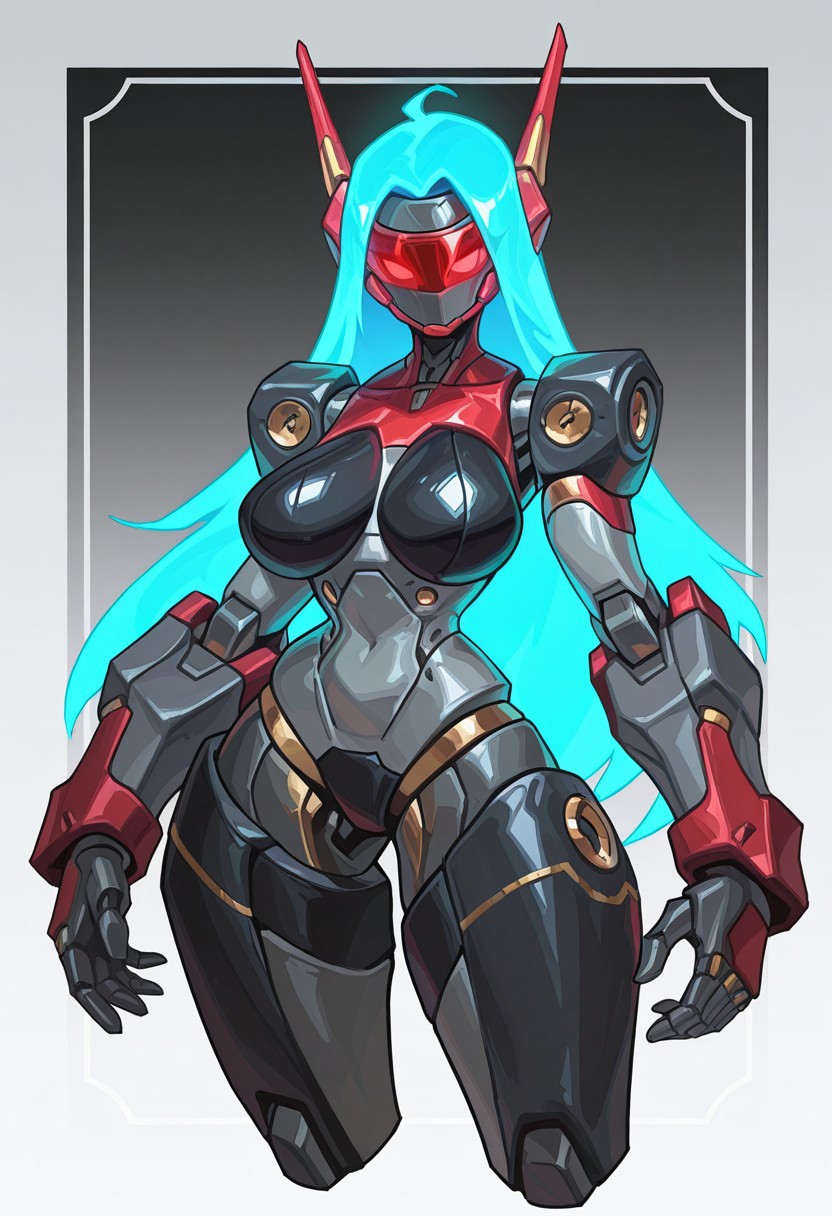 reagan_long, solo, 1girl, large breasts, robot_girl, robot visor, medical_robot, medical_arm, large robotic arms, large robotic hands, large robotic legs, large robotic feet, robot shoulders, robot armor, metalic skin, glowing hair, long hair, glowing eyes, robot antenna ears, cowboy_shot, cropped legs