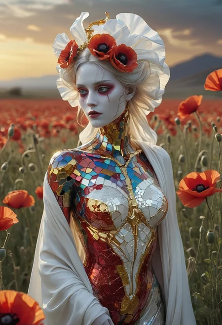  made out of,colorful,liquid,Murano Art glass,

An elegant, yet unsettlingly beautiful feminine android, her fragmented (skull:0.8) a mosaic of mirrored glass reflecting a vibrant sunrise bursting with gold and crimson, stands in a field of blooming crimson poppies. She is draped in flowing robes of sheer white fabric that billow gently in the warm breeze. Her eyes, luminous and full of a newfound wonder, gaze towards the horizon as if witnessing the dawn of a new era.
(wind:1.2),Extinction, decomposition,
, epic scene, dramatic lighting, cinematic, pale skin, imperfections, (8K resolution), establishing shot, high textures,  leica, subsurface scattering, ,CINEMATIC,MOVIE STILL,CHROMATIC ABERRATION,REALISTIC,,amazing, cinematic, intricate, artistic,  extremely inspirational, epic scene, cinematic,, high textures, 