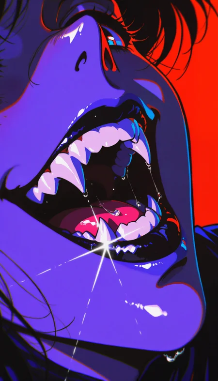 ((absurdres, high_quality, masterpiece)), (dynamic_angle, foreshortening, depth_of_field), blurry_background, (anime_coloring, flat_colors, cel-shaded), (glint, lens_flare), chromatic_aberration, scanlines, (grainy_texture:1.4), (film_grain:1.3), (retro_artstyle, 1990s_\(style\), 1980s_\(style\)), vhs_artifacting, halftone, limited_palette, neon_lighting)
(D4rkR3troSc1f1, close-up, mouth_focus, solo, female, lips, open_mouth, fang, sharp_teeth, vampire, dripping, saliva, shiny, glossy, dark_lips, teeth, black_lips, close-up, grin, thick_lips, sinister_smile, seductive, red_background, high_contrast, intense_lighting, dark_theme, retro_artstyle, 1980s_(style), sparkles, glint, saliva_drip, shiny_lips, detailed_mouth, dynamic_angle, shadow, aesthetic)