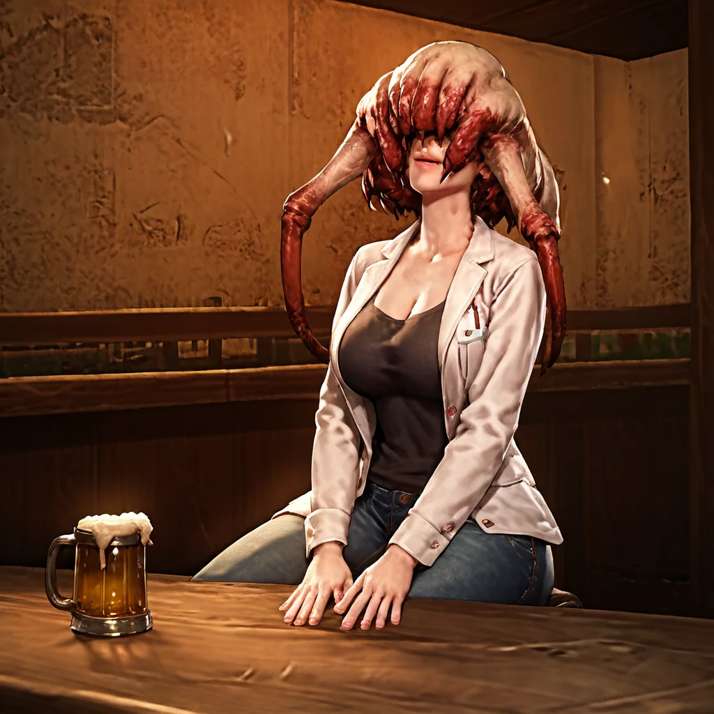 score_9, score_8_up, score_7_up, score_6_up, score_5_up, score_4_up, source_anime, female_headcrab, lab coat, sitting, bar, beer, shirt, denim