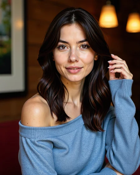 A woman with wavy black hair, wearing an off-shoulder oversized blue knit sweater. She gazes softly toward the camera, slightly tilting her head, with her right hand gently brushing her hair. The lighting is warm, cozy atmosphere with warm colors.