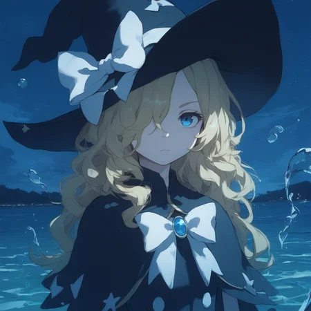 score_9, score_8_up, score_7_up, score_6_up, marie-spearhead, toaru, 1girl, hat, blonde hair, solo, witch hat, blue eyes, long hair, hat bow, bow, looking at viewer, hair over one eye, capelet, closed mouth, anime coloring, white bow, upper body, sky, water, night