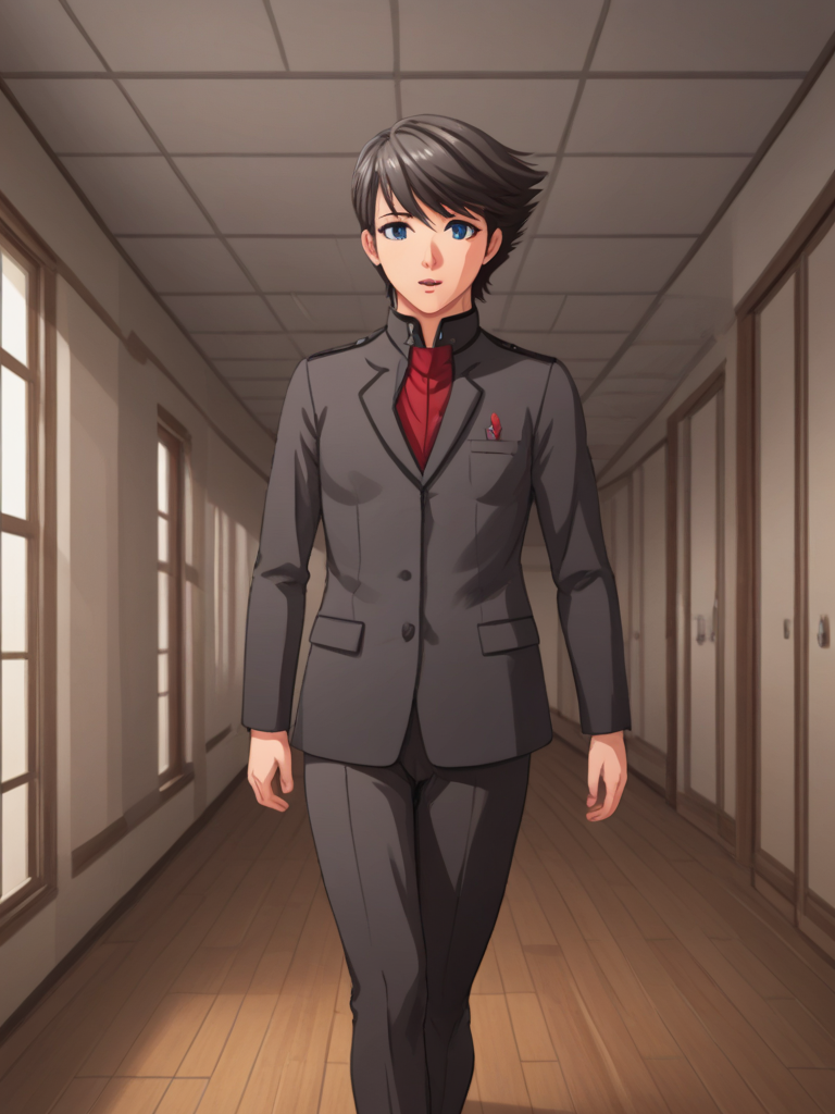 1boy, solo, ethantokiohollo, black hair, swept bangs, blue eyes,, black jacket, closed jacket, red shirt, black pants, school uniform, gakuran, emblem, indoors, school, corridor, walking, parted lips, cowboy shot,