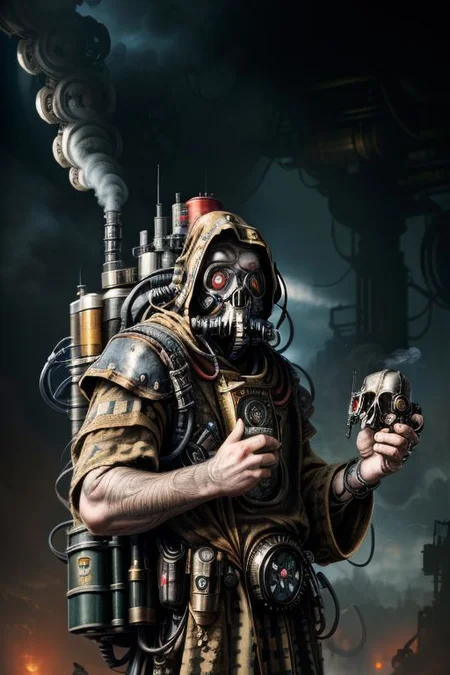 ((masterpiece,best quality)), absurdres, BREAK
mechanical arms, robes, hood, BREAK
((techpriest)), cyborg, mechanical face, mechanical limbs, gas mask, mechanical tentacles, (mechanical backpack), BREAK
1other, solo, holding pistol, firearm, handgun, pistol, gun, BREAK
factory background, smoggy sky, air pollution, smokestacks, BREAK
(postapocalypse)