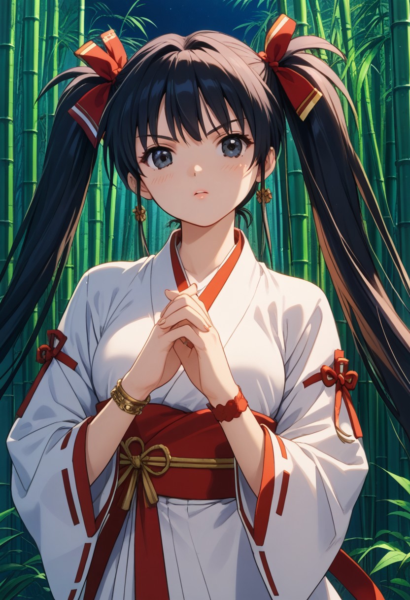score_9, score_8_up, score_7_up, score_6_up, source_anime, 1990s \(style\), highly detailed character, Ennochiaki XL,black eyes,bangs, twintails, jewelry, bracelet, long hair, black hair, ribbon-trimmed sleeves, japanese clothes, very detailed hands, beautiful face, glossy lips, sensual, masterpiece, best quality, detailed background, intricate detailed backround, highly detailed hair, fine skin, night, outdoors, thick bamboo forest, dynamic lighting, dutch-angle, handing a hand-full of ofuda, looking at viewer, angry expression, dynamic attack pose, (((ambient light through bamboo thicket)))