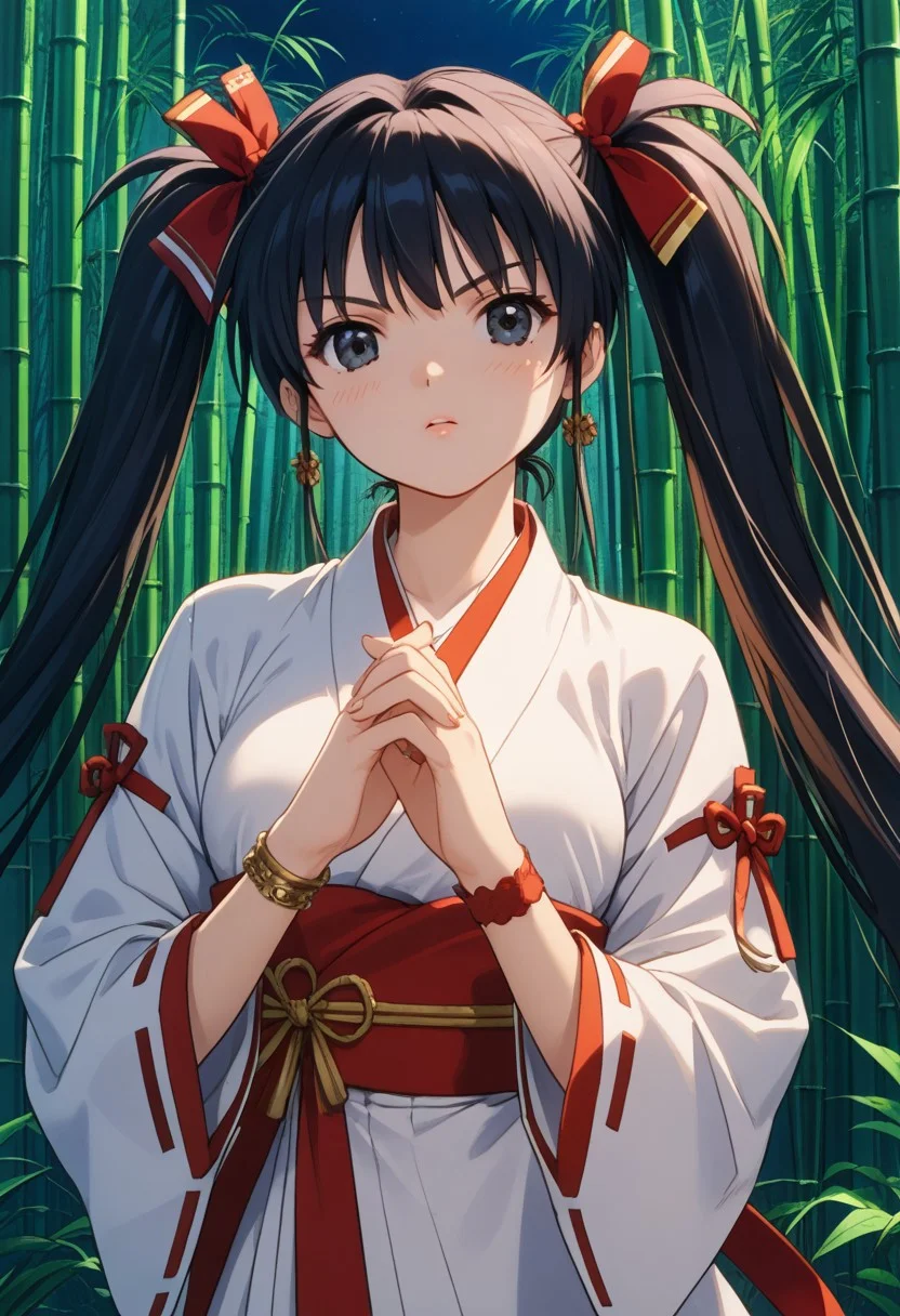score_9, score_8_up, score_7_up, score_6_up, source_anime, 1990s \(style\), highly detailed character, Ennochiaki XL,black eyes,bangs, twintails, jewelry, bracelet, long hair, black hair, ribbon-trimmed sleeves, japanese clothes, very detailed hands, beautiful face, glossy lips, sensual, masterpiece, best quality, detailed background, intricate detailed backround, highly detailed hair, fine skin, night, outdoors, thick bamboo forest, dynamic lighting, dutch-angle, handing a hand-full of ofuda, looking at viewer, angry expression, dynamic attack pose, (((ambient light through bamboo thicket)))