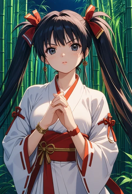 score_9, score_8_up, score_7_up, score_6_up, source_anime, 1990s \(style\), highly detailed character, Ennochiaki XL,black eyes,bangs, twintails, jewelry, bracelet, long hair, black hair, ribbon-trimmed sleeves, japanese clothes, very detailed hands, beautiful face, glossy lips, sensual, masterpiece, best quality, detailed background, intricate detailed backround, highly detailed hair, fine skin, night, outdoors, thick bamboo forest, dynamic lighting, dutch-angle, handing a hand-full of ofuda, looking at viewer, angry expression, dynamic attack pose, (((ambient light through bamboo thicket)))